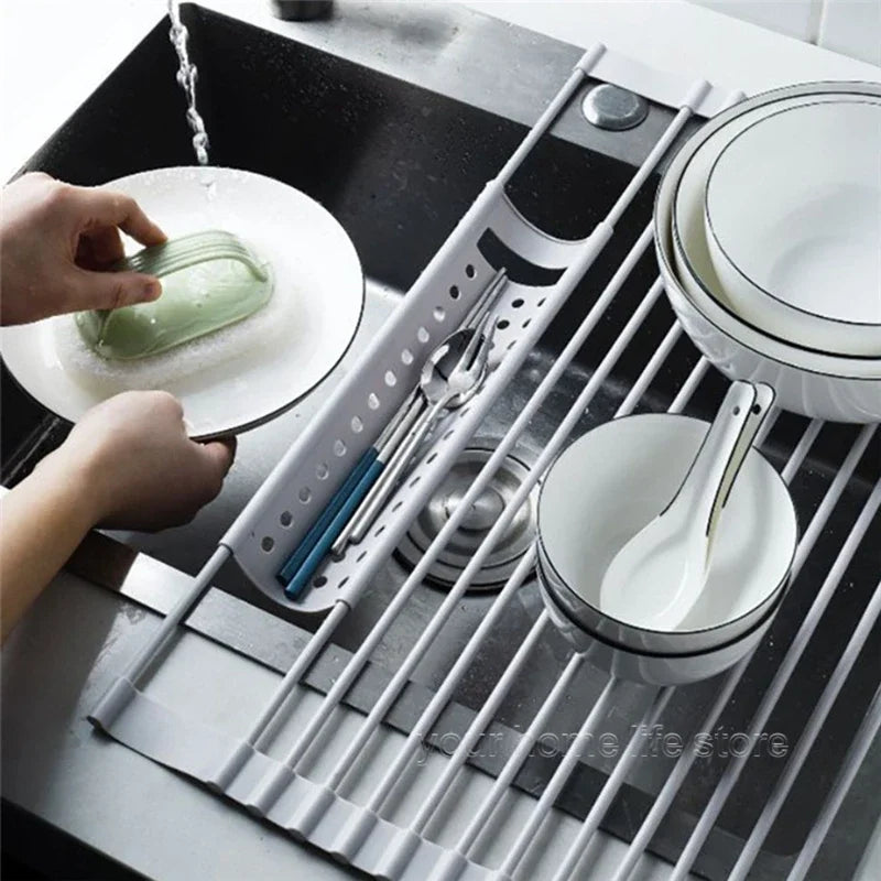 Kitchen accessories,Roll Up Dish Drying Rack 304 Stainless Foldable Sink Rack Shelf Kitchen Storage Organizer Bowl Plate Drainer