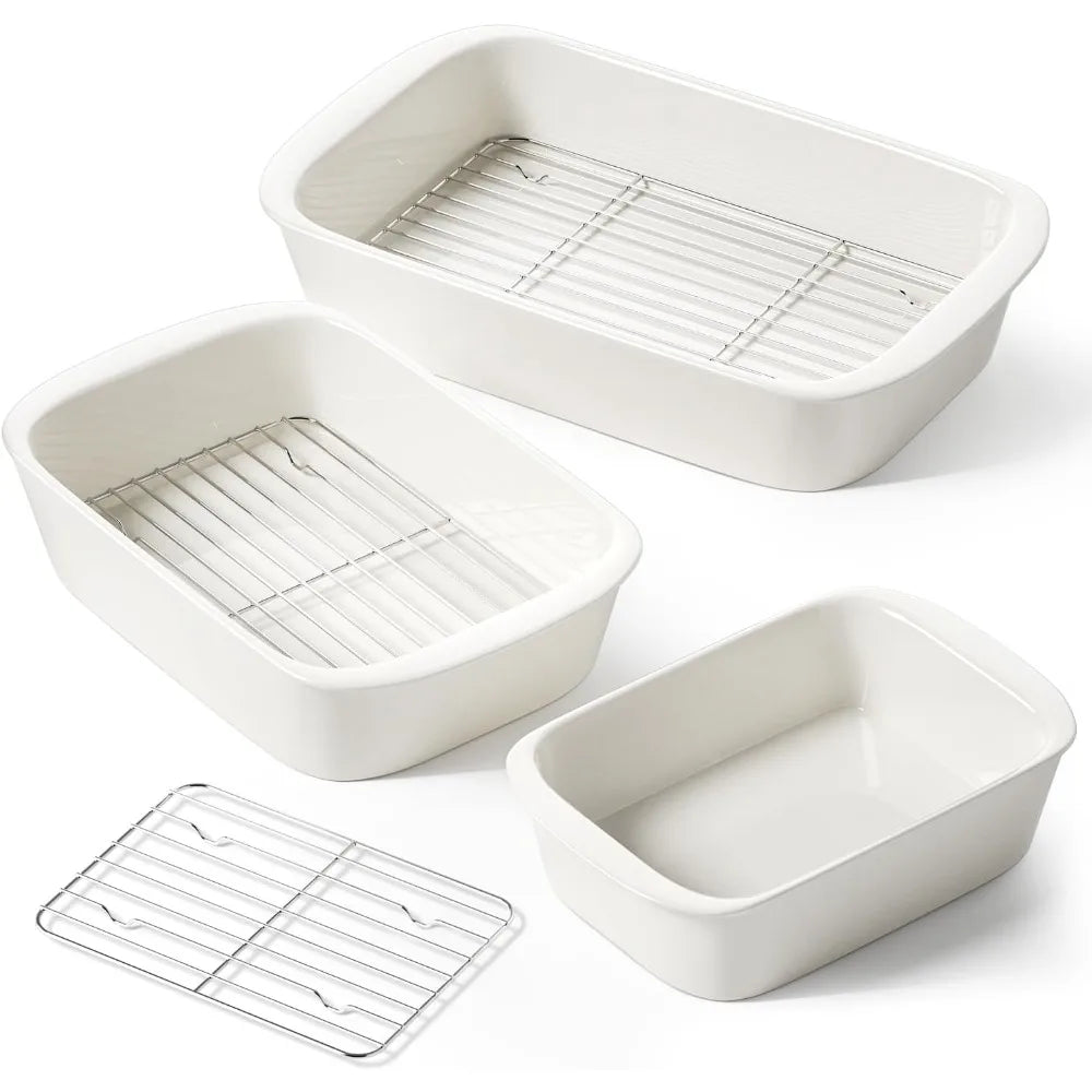 13.7”x9.6” Ceramic Baking Dish Set with Roasting Racks, Large Lasagna Pan with Handles, Set of 3, Bakings Dishes & Pans - Cooky Kitchenware