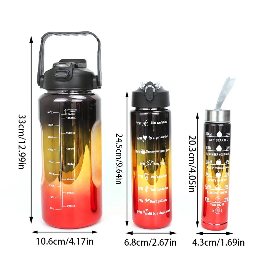 3pcs of leak proof electroplated gradient sports water bottles with straws and time markers - Perfect for offices, schools.