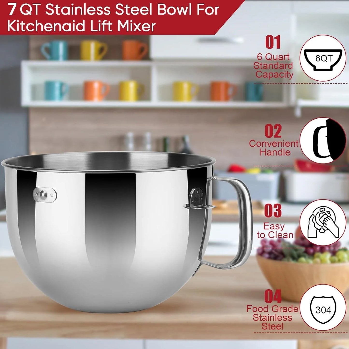 KA7QBOWL Stainless Steel Mixer Bowl with Handle, 7QT, Stand Mixers, Kitchen Aid Mixing Bowl, 7QT Tilt-Head Mixer with Handle