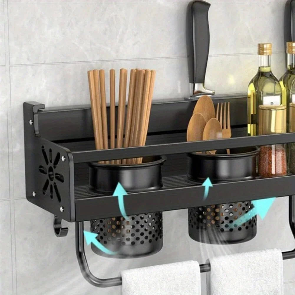 Black Wall Mounted No-Punch Large Capacity Storage Multifunctional Kitchen Spice Storage Rack No Punching Required Brackets