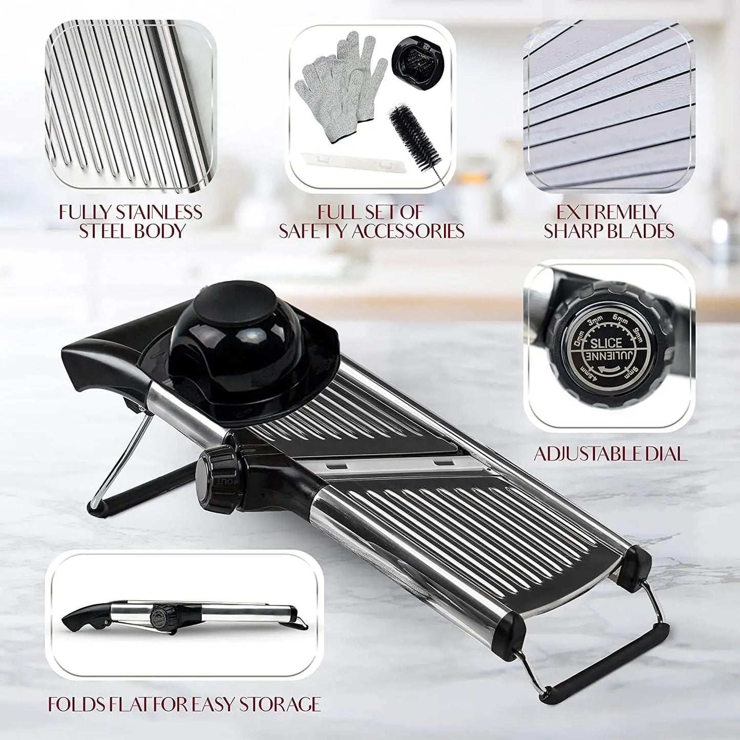 Adjustable Mandoline Slicer Stainless Steel Blades Gloves