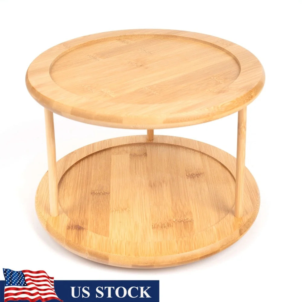 Bamboo 2-Tier Spice Rack Rotating Kitchen Organizer Storage Seasoning Jars Cans Condiments Easy Assembly Multifunctional