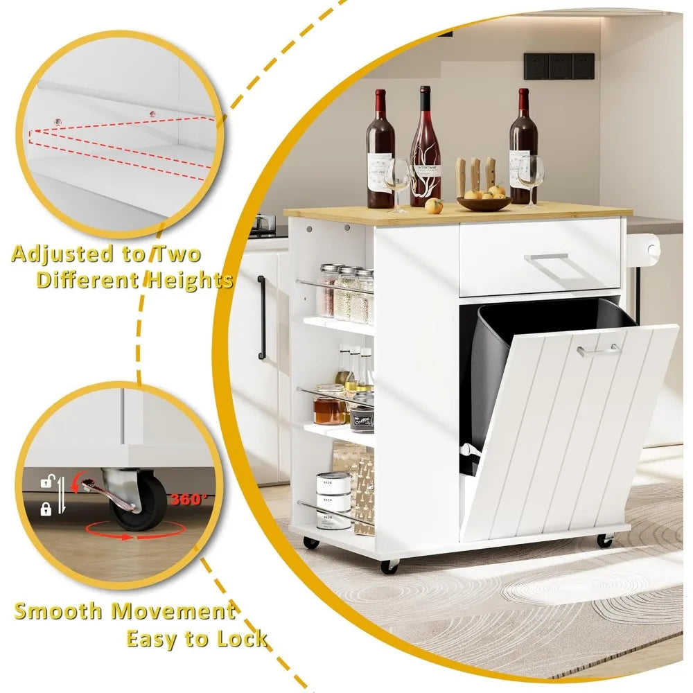 Mobile Kitchen Island with Built-in Trash Bin, Towel Holder, and Spice Storage - Cooky Kitchenware