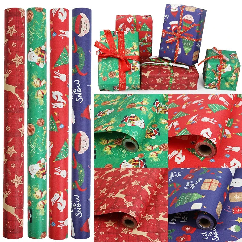 10mx50cm Christmas Wrapping Paper Roll Cartoon Santa Claus Elk Gift Box Packaging Material Christmas Party Home Decoration