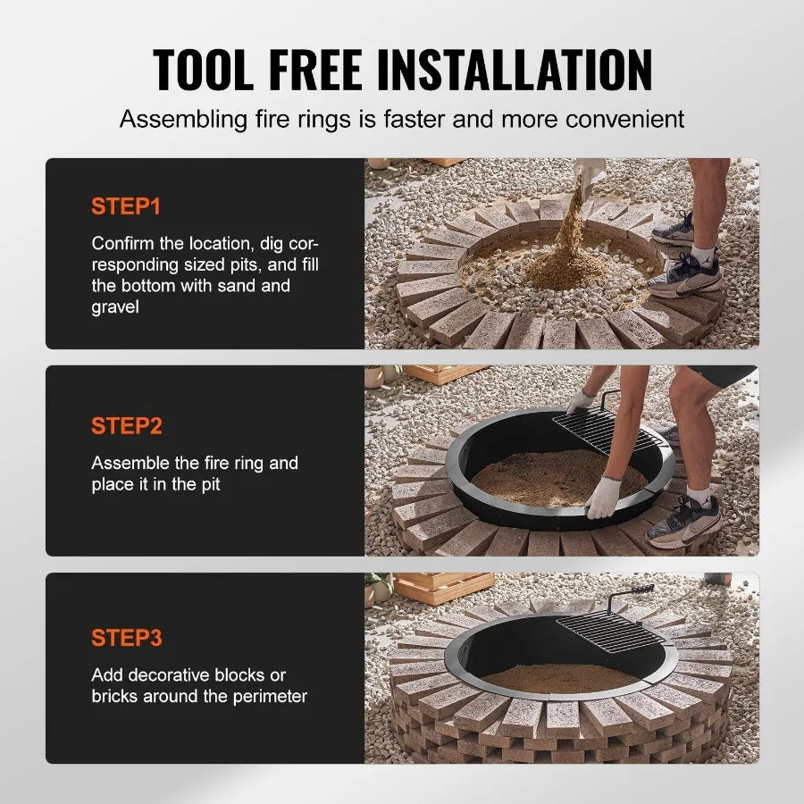 Fire Pit Ring w BBQ Fire Ring 35 Inch Outer Steel DIY Campfire Firepit - Cooky Kitchenware