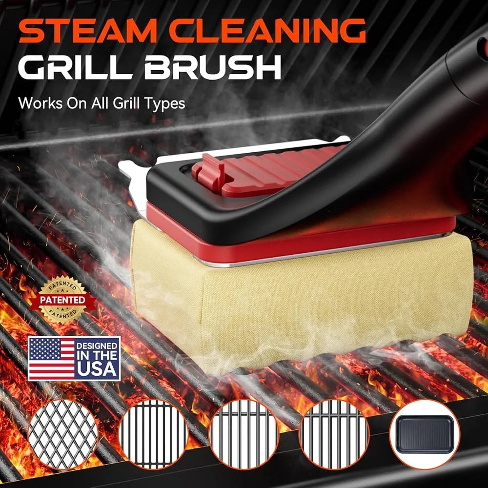 Bristle-Free Grill Brush Heat-Resistant Kevlar Head Steam Cleaning BBQ Brush with Scraper Safe and Efficient Grill Cleaner - Cooky Kitchenware