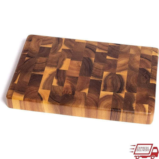 Acacia End Grain Chopping Block Cutting Board with Inset Handles Durable Kitchen Accessory Built-in Groove Easy Handling - Cooky Kitchenware