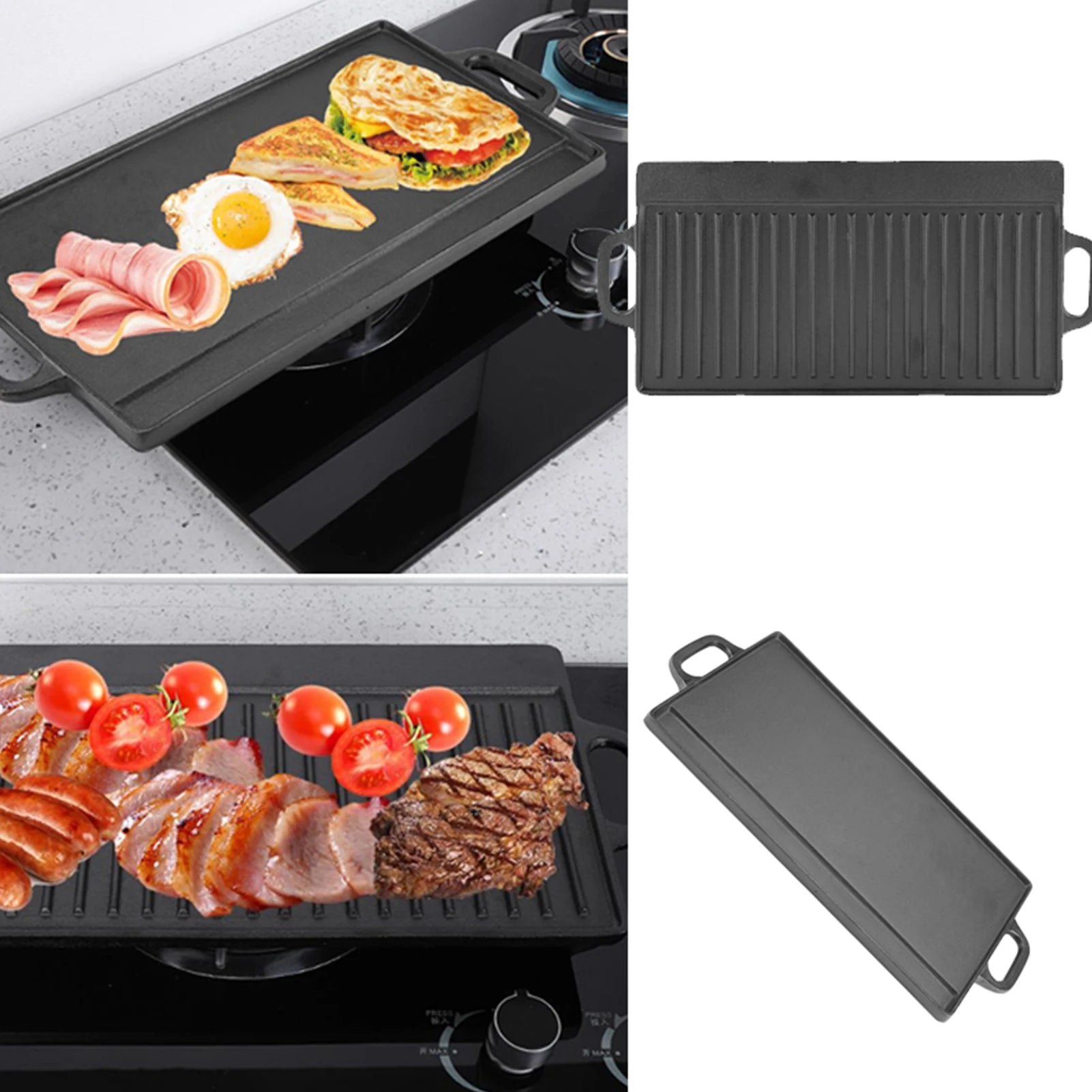 Non-stick Grill Pan Non-Stick Cast Iron Grill Griddle Pan Ridged and Flat Double Sided Baking Cooking Tray Bakeware Griddle Pan - Cooky Kitchenware
