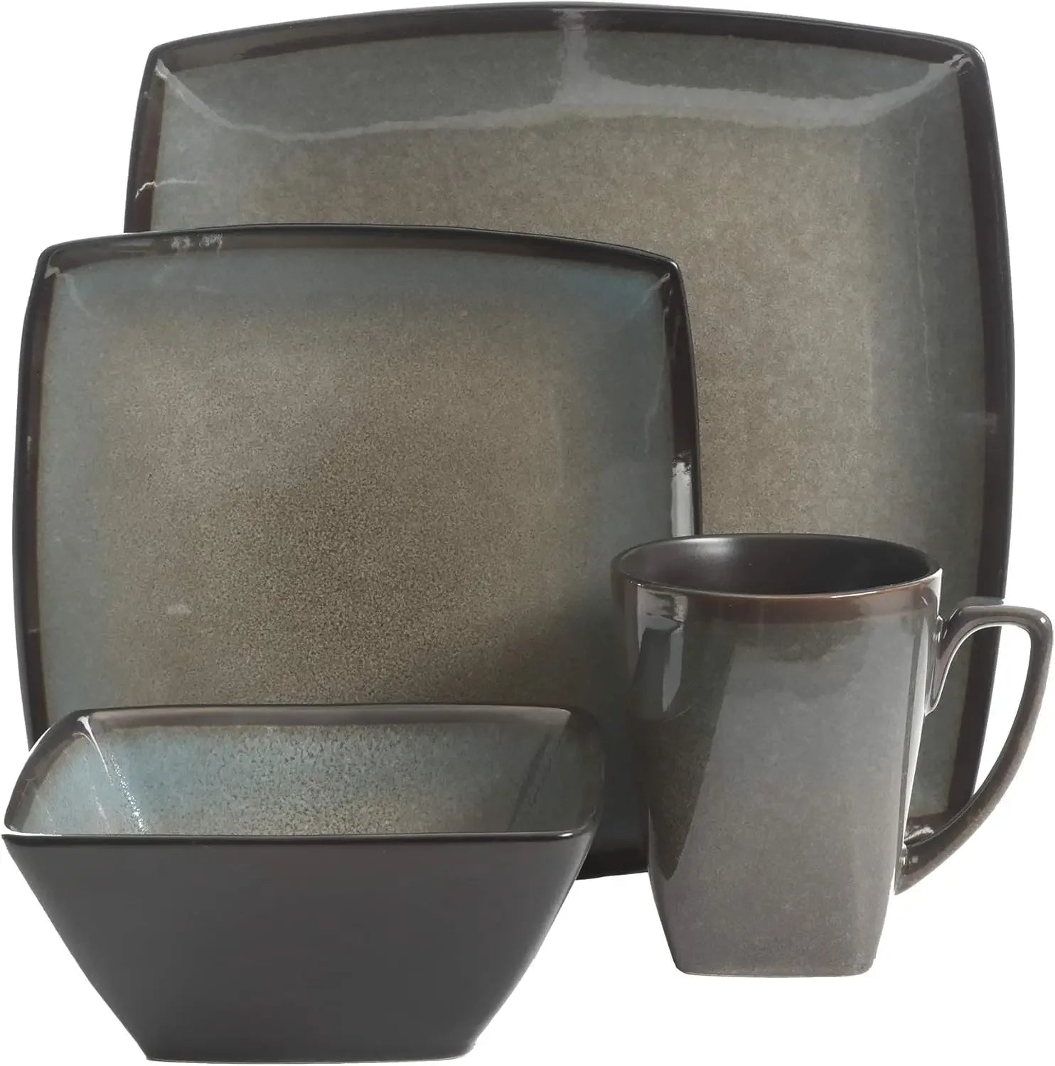 Square Reactive Glaze Stoneware Dinnerware Set, Service for 4 (16pcs), Taupe,Dishwasher Safe - Cooky Kitchenware