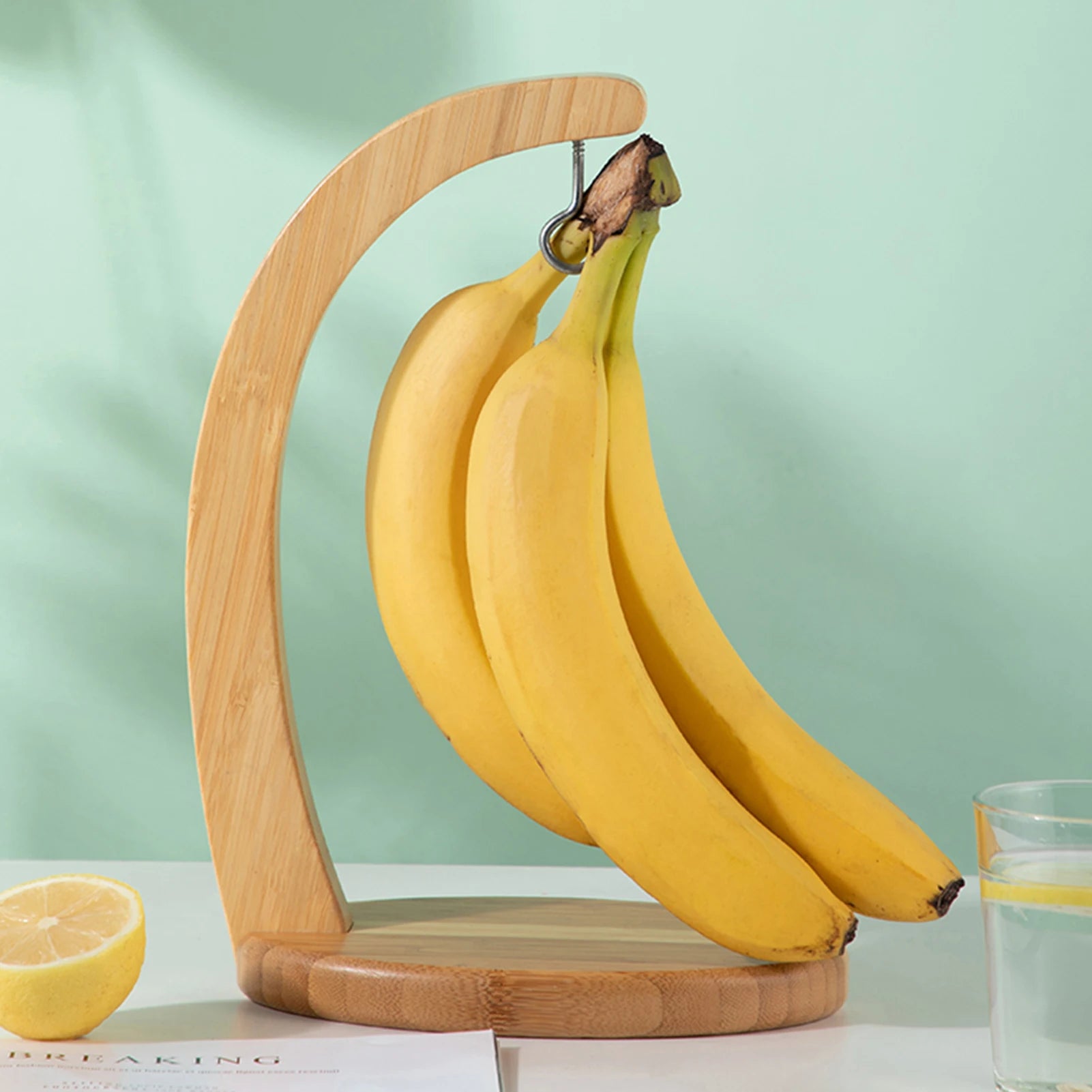 Wooden Banana Tree Hanger Sturdy Display with Hook for Home or Bar Countertop Fruit Storage with Oval Base - Cooky Kitchenware