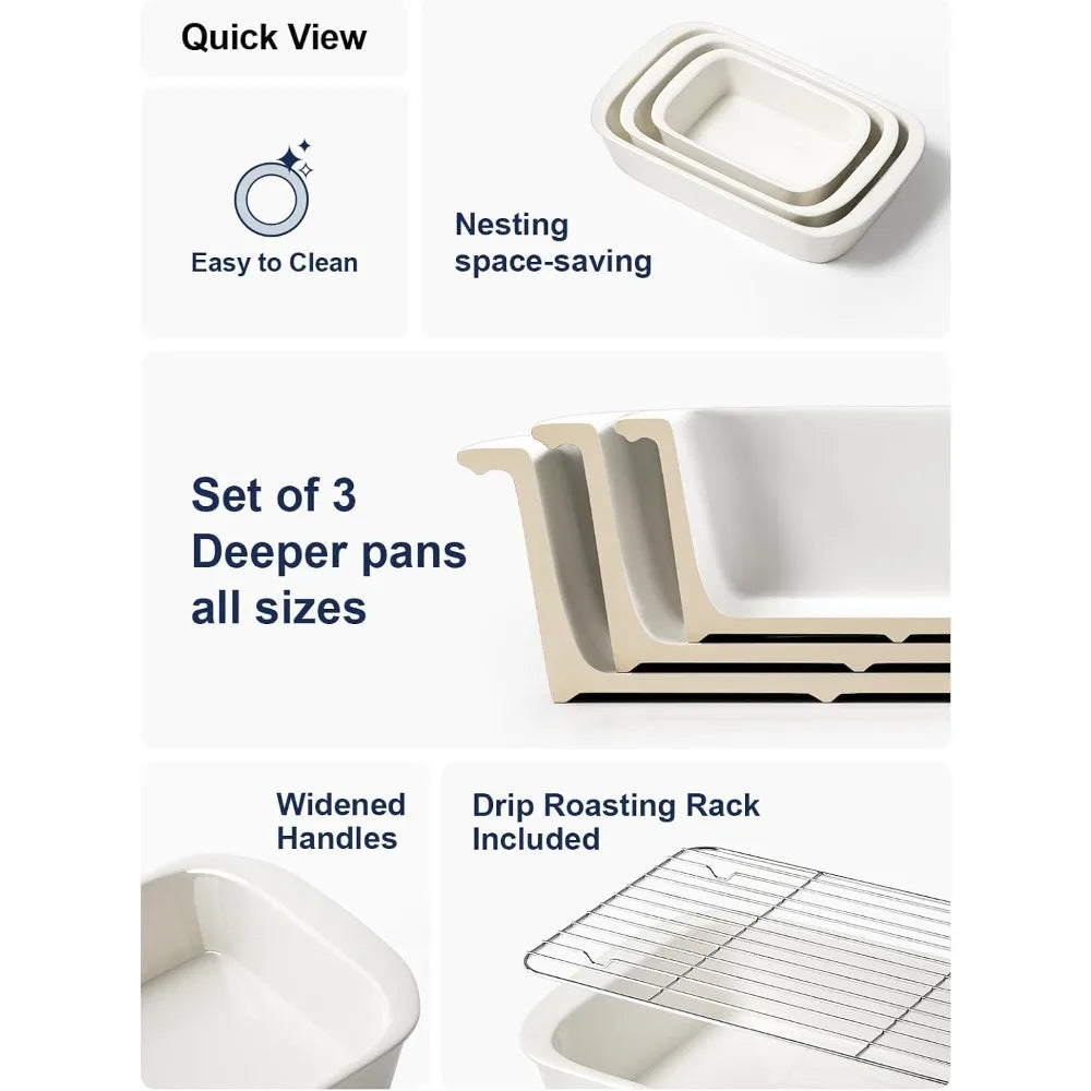 13.7”x9.6” Ceramic Baking Dish Set with Roasting Racks, Large Lasagna Pan with Handles, Set of 3, Bakings Dishes & Pans - Cooky Kitchenware