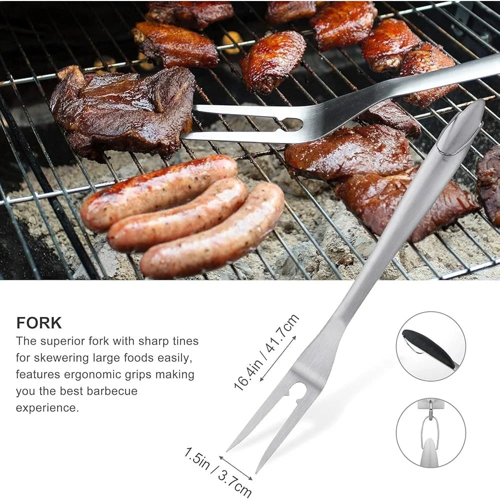 8PCS Stainless Steel BBQ Grill Tool Set Spatula Tongs Fork Basting Brushes Cleaning Brush Storage Bag Heavy Duty Accessories - Cooky Kitchenware