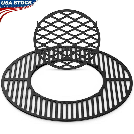 2-in-1 Cast Iron Grill Grate Replacement Weber 22.5 Inch Kettle BBQ Premium Porcelain Enameled Cooking System Outdoor Searing