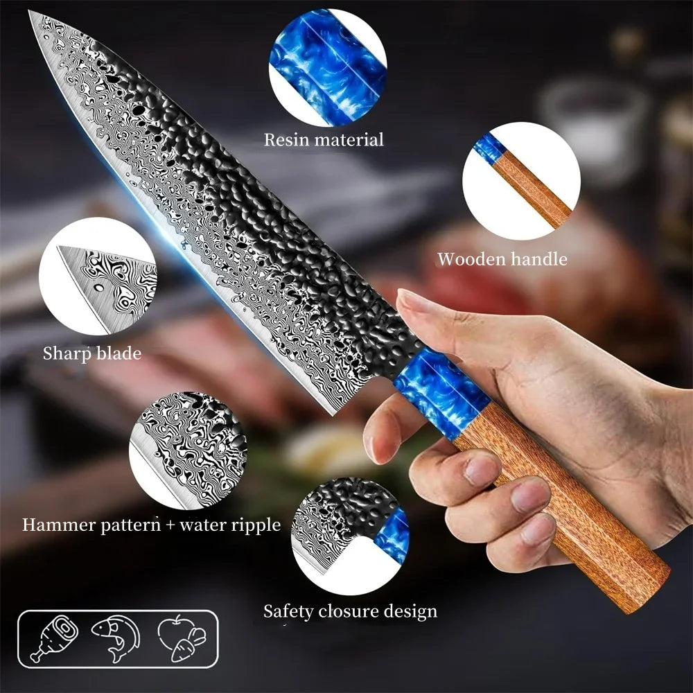 Damascus Steel 3 Piece Chef Knife Set With Rosewood Handle