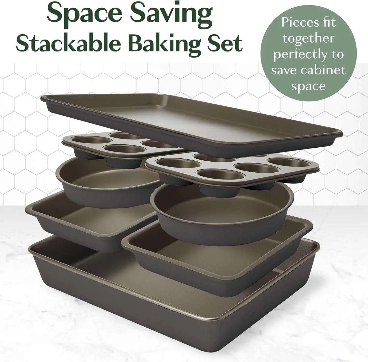 All In One Nonstick Bakeware Set Stackable and Space Saving Design Includes Round and Square Pans Muffin Pans and Cookie Sheet - Cooky Kitchenware