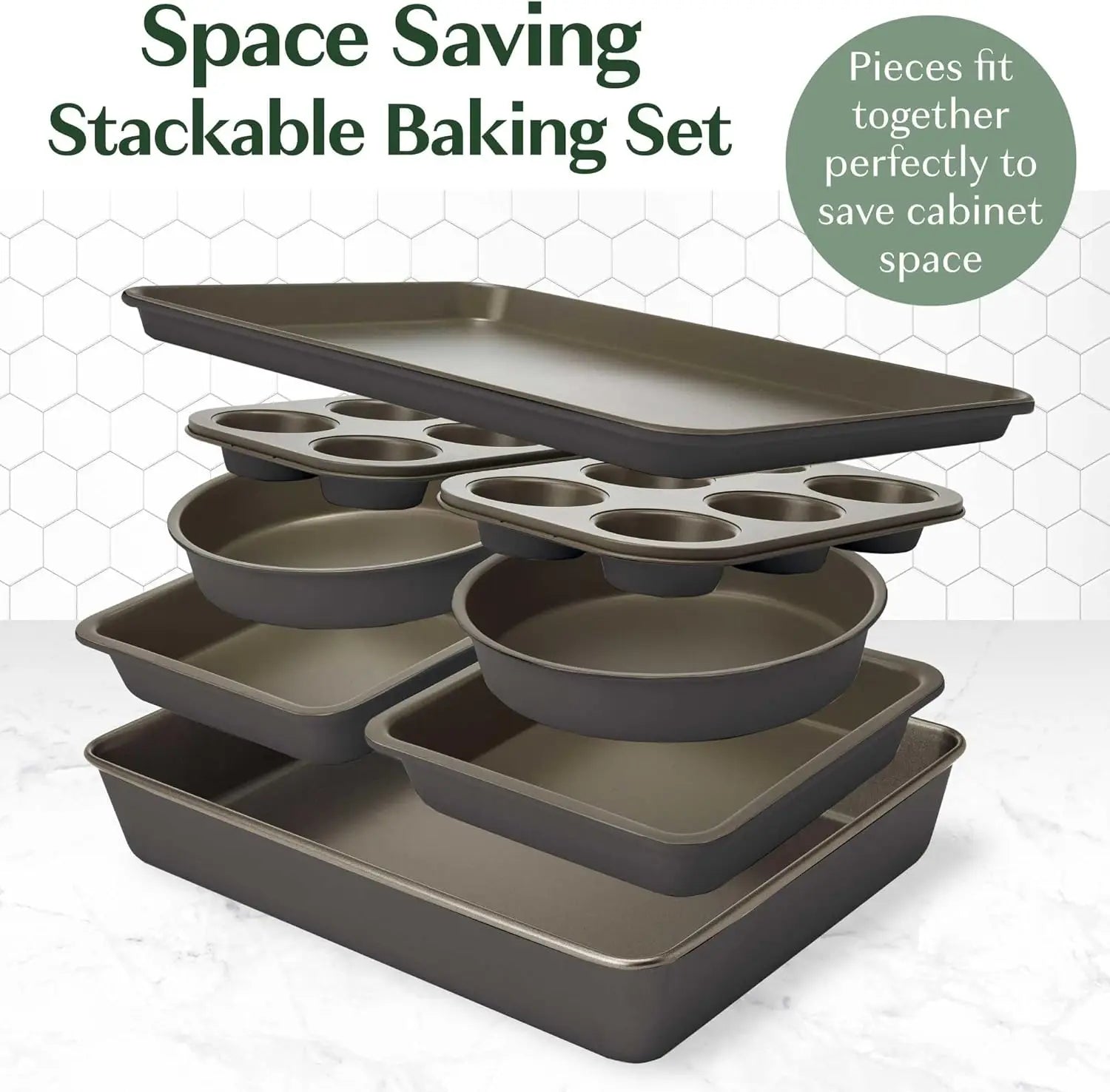 All In One Nonstick Bakeware Set Stackable and Space Saving Design Includes Round and Square Pans Muffin Pans and Cookie Sheet - Cooky Kitchenware