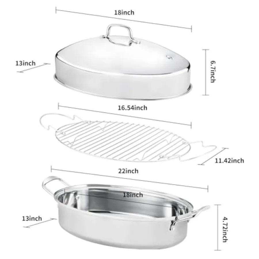 22" Large Roasting Pan with Rack and LidOval Turkey Roaster Pan for oven Stainless Steel Roasting Pan with rack Best Gift for M