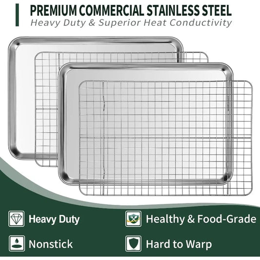 Half Sheet Pans With Rack Set [2 Pans + 2 Racks], CEKEE Stainless Half Size Large Baking Sheets With Rack -18 Inch Baking Tray S - Cooky Kitchenware