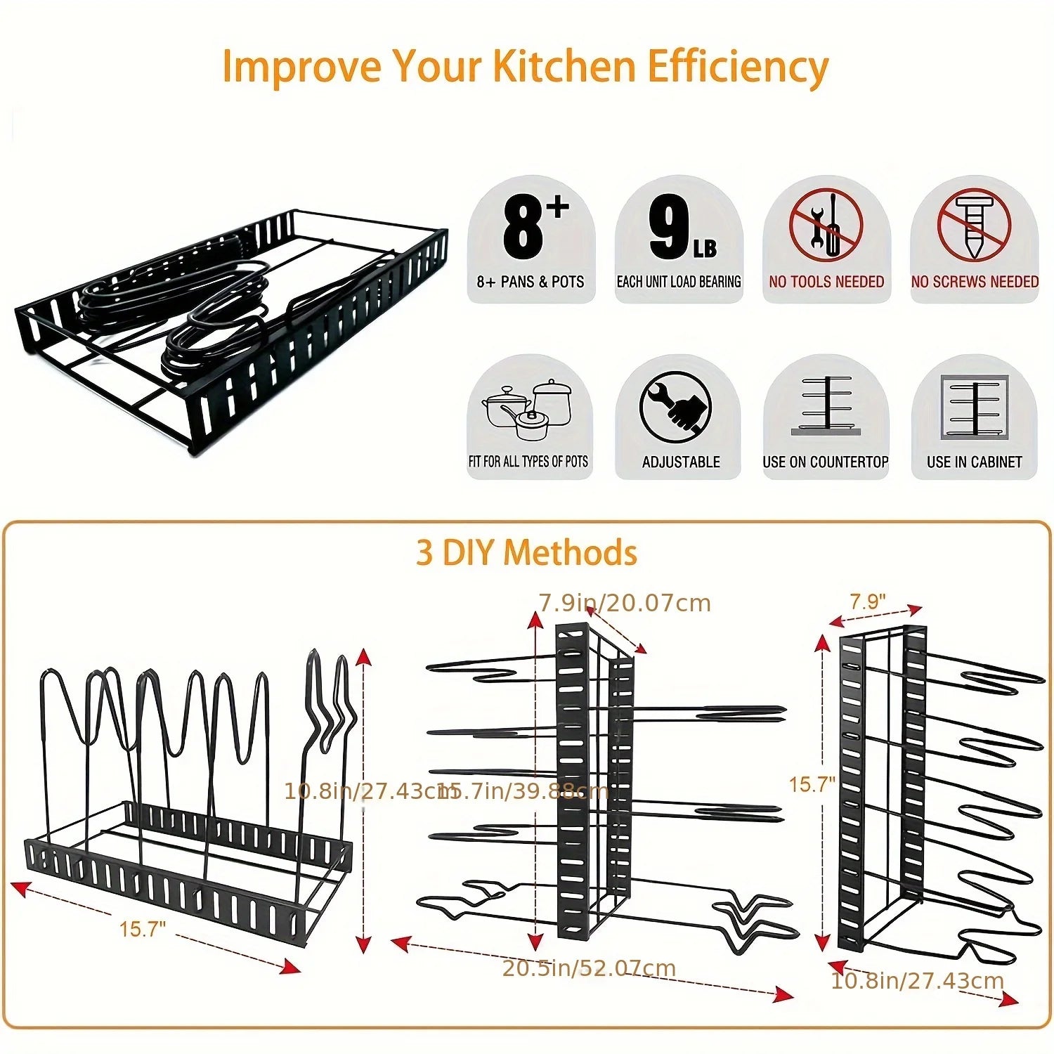 2 Pack Pot Rack, Pot Rack Organizers, Kitchen Organization & Storage Rack, Adjustable Pot Lid Holders & Pan Rack - Cooky Kitchenware