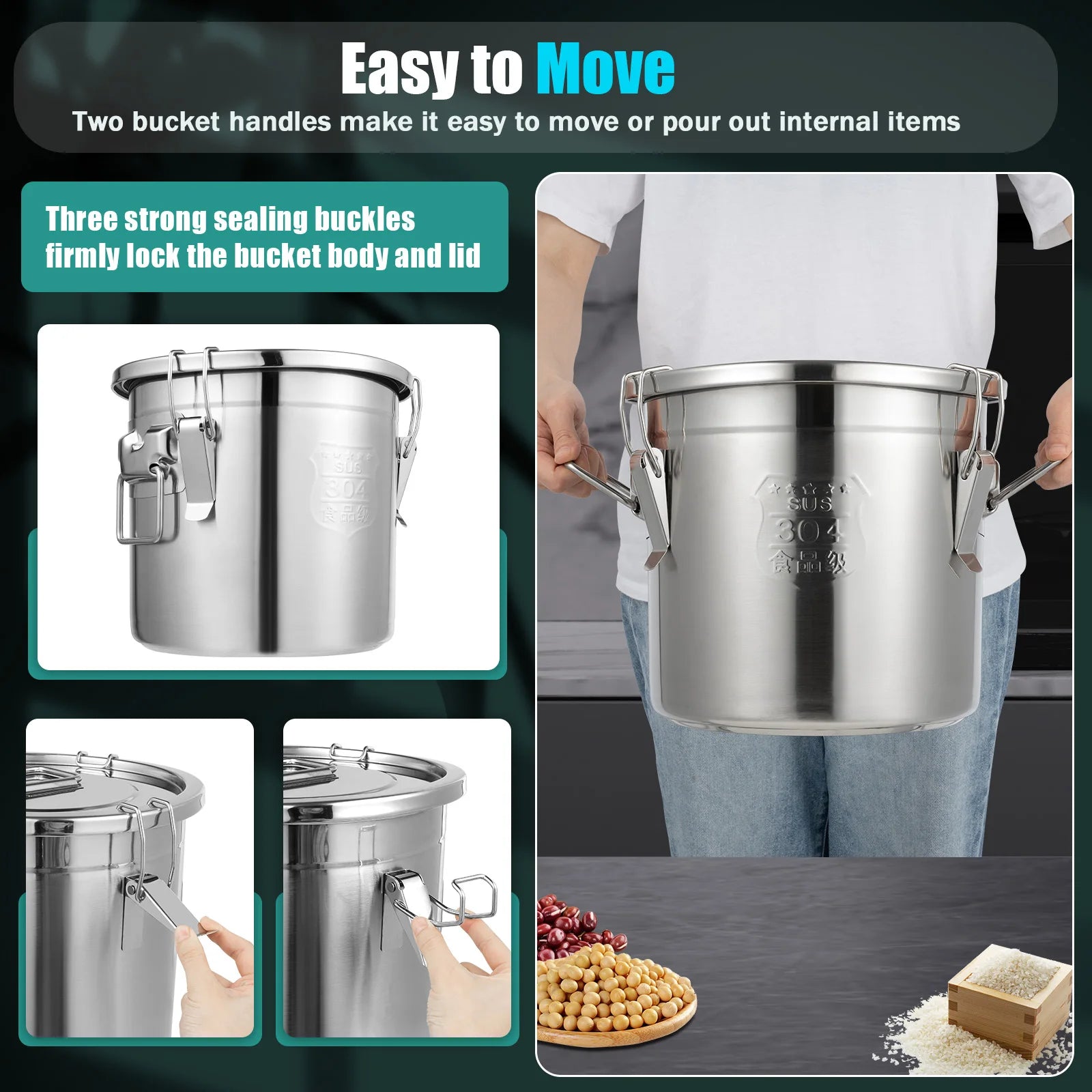 12L Airtight Food Storage Container Stainless Steel Bucket Water Jug Kitchen Accessory - Cooky Kitchenware