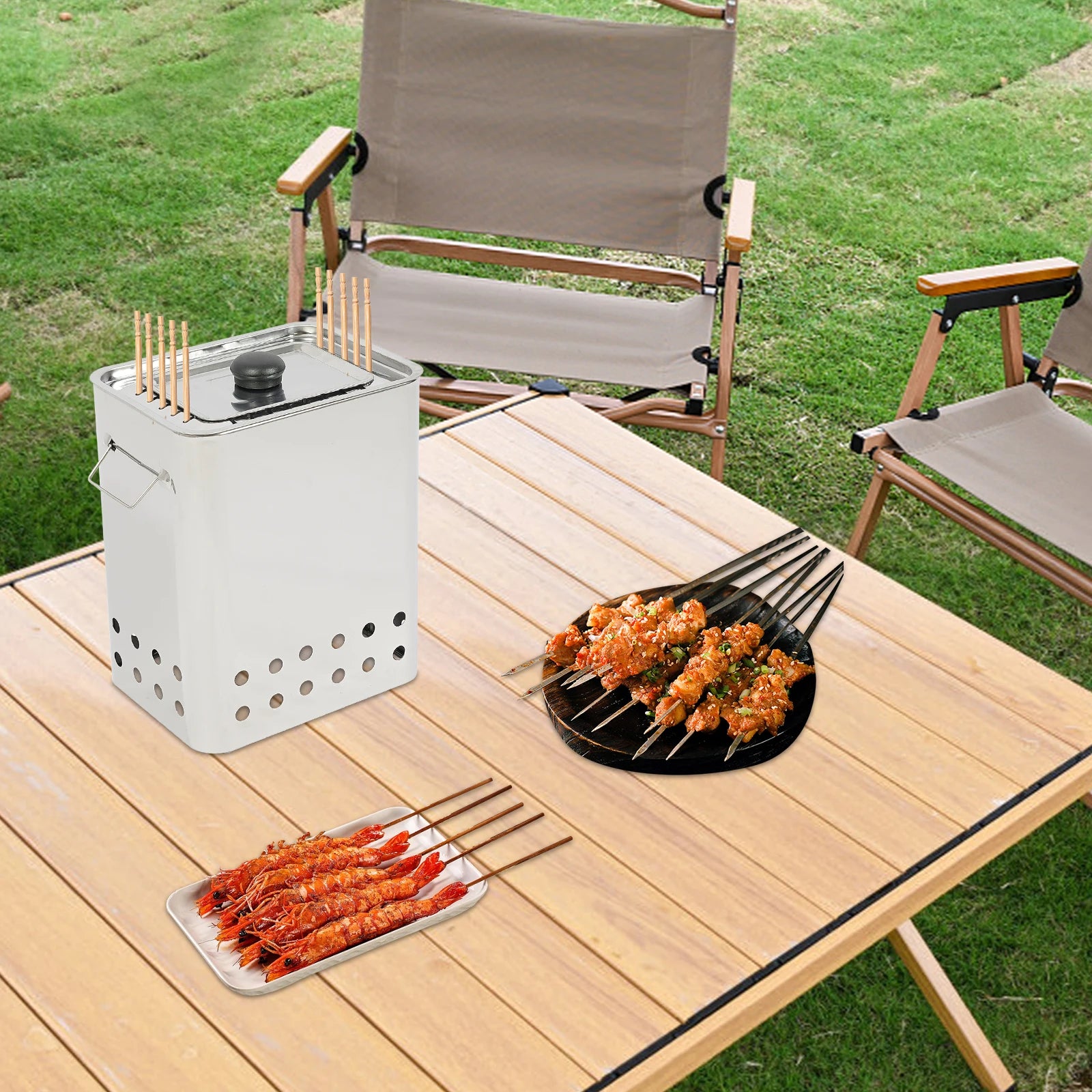 Portable Square BBQ Skewer Grill - 26 Skewers Capacity Stainless Steel Hanging Grill for Outdoor Cooking(9.4x7.09x11.8in,Silver) - Cooky Kitchenware