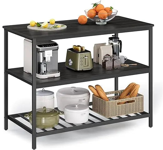 Kitchen Island with 3 Shelves, 47.2 Inches Width Kitchen Shelf with Large Worktop, Stable Steel Structure, Industrial, Easy to - Cooky Kitchenware