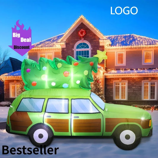 8-Foot Tall Outdoor Christmas Inflatable Wagon with LED Lights and Tree Decoration