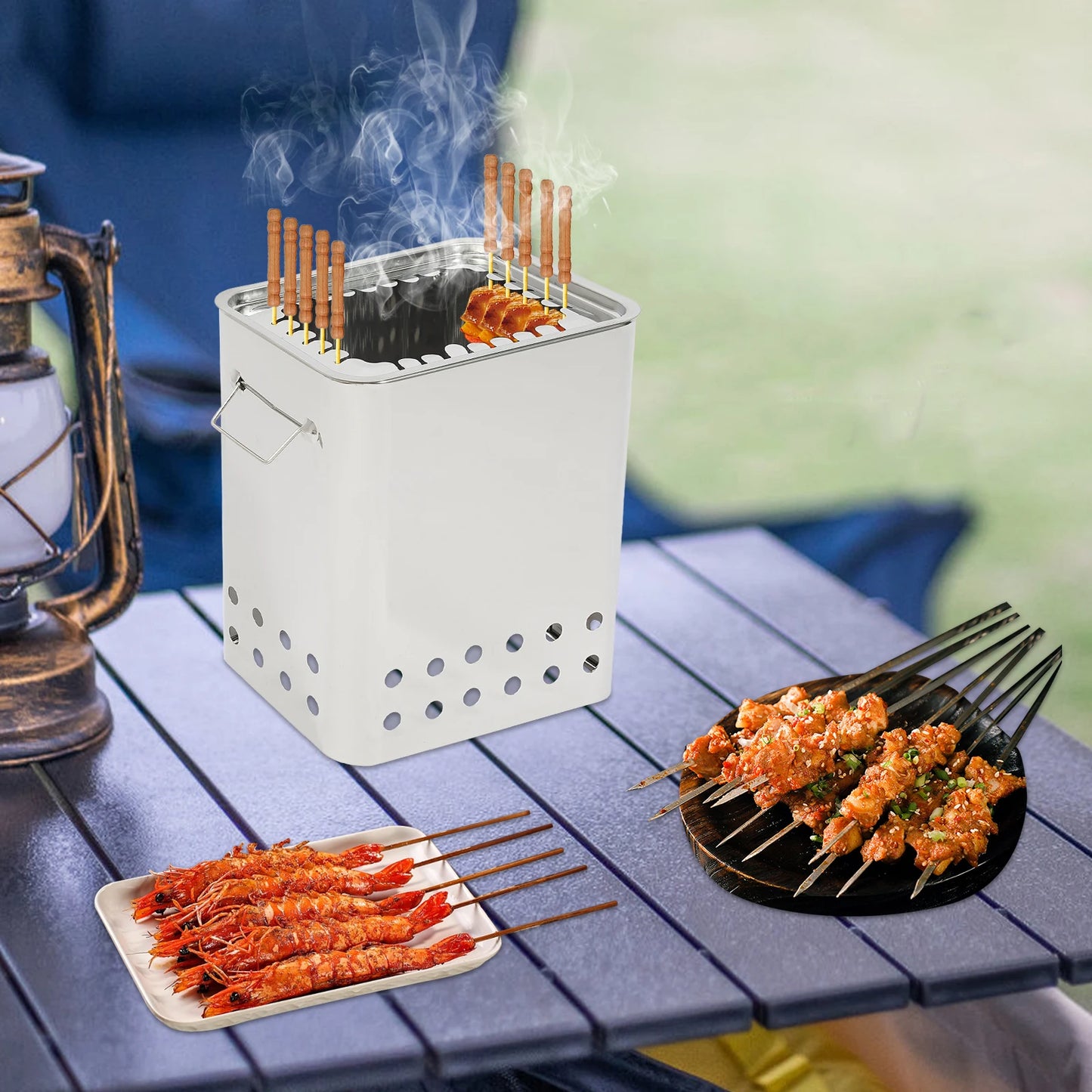 Portable Square BBQ Skewer Grill - 26 Skewers Capacity Stainless Steel Hanging Grill for Outdoor Cooking(9.4x7.09x11.8in,Silver) - Cooky Kitchenware