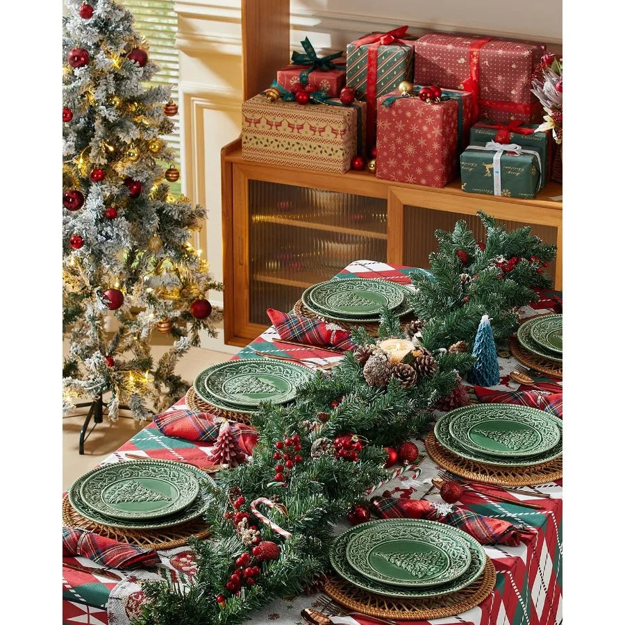 8 Inch Green Ceramic Christmas Tree Salad Plates Set for Holiday Meals Ideal for Pasta Side Dishes and Desserts Dishwasher and - Cooky Kitchenware