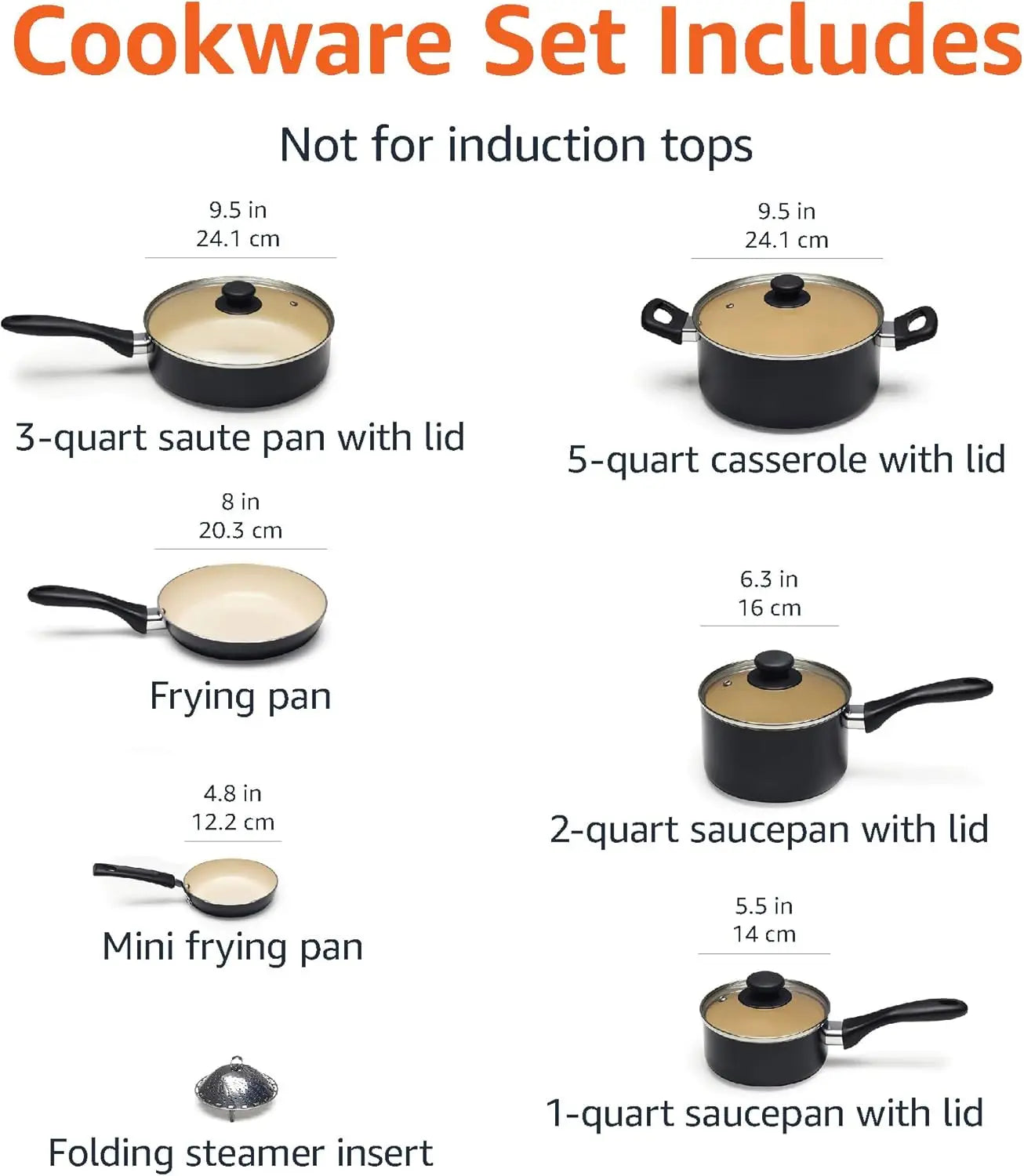 Ceramic Nonstick Pots and Pans 11 Piece Cookware Set, made without PFOA & PTFE, Black/Cream - Cooky Kitchenware