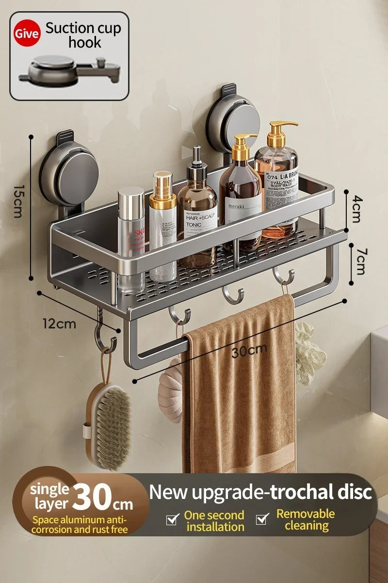 Suction Cup Mount Bathroom Shelf with Towel Holder Removable Hooks No Drill Hanging Bath Room Basket Shampoo Storage Rack Tray - Cooky Kitchenware