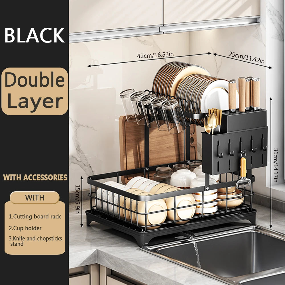 1 Or 2 Tier Space Saving Kitchen Dish Drying Rack Multifunctional Rustproof Dish Rack With Drainboard - Cooky Kitchenware