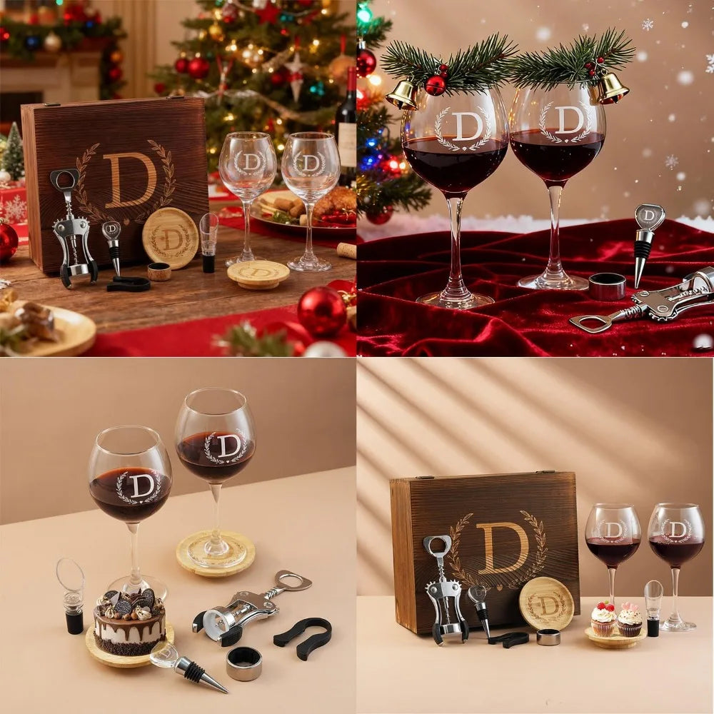 Personalized Initial Engraved Wine Glasses Set for Women - Mom's Birthday Gift, Monogrammed Wooden Christmas Wedding Present