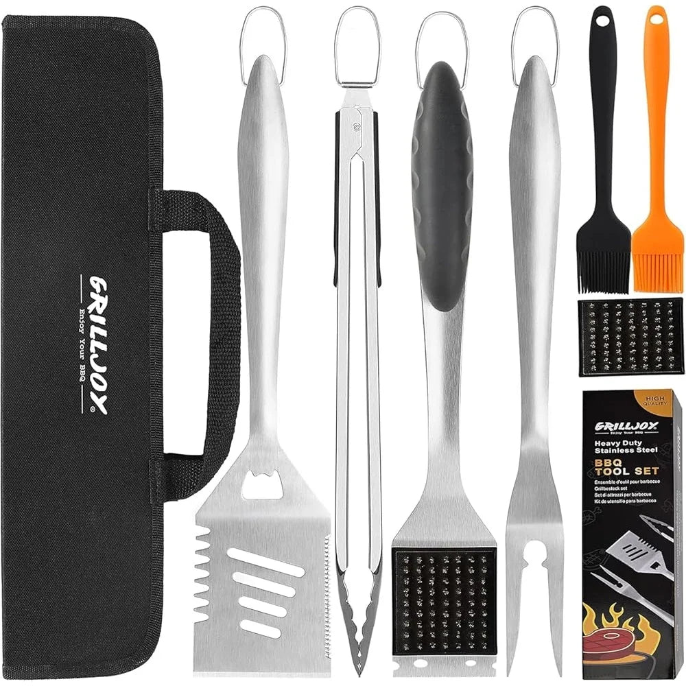8PCS Stainless Steel BBQ Grill Tool Set Spatula Tongs Fork Basting Brushes Cleaning Brush Storage Bag Heavy Duty Accessories - Cooky Kitchenware