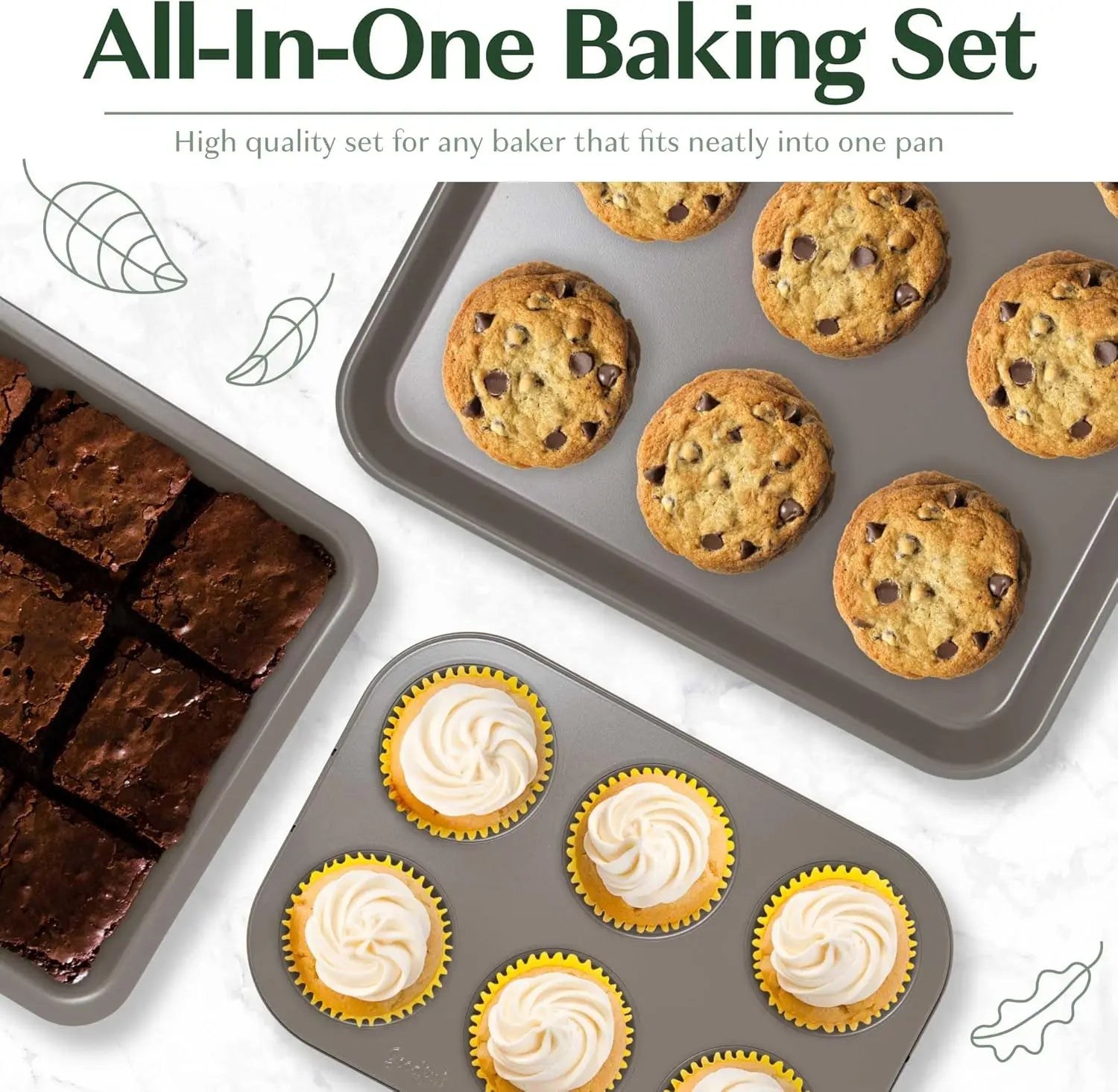 All In One Nonstick Bakeware Set Stackable and Space Saving Design Includes Round and Square Pans Muffin Pans and Cookie Sheet - Cooky Kitchenware