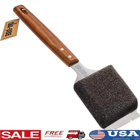 Bristle Free Grill Brush and Scraper with Long Wooden Handle Easy Replaceable Head Safe Cleaning All Grill Types - Cooky Kitchenware