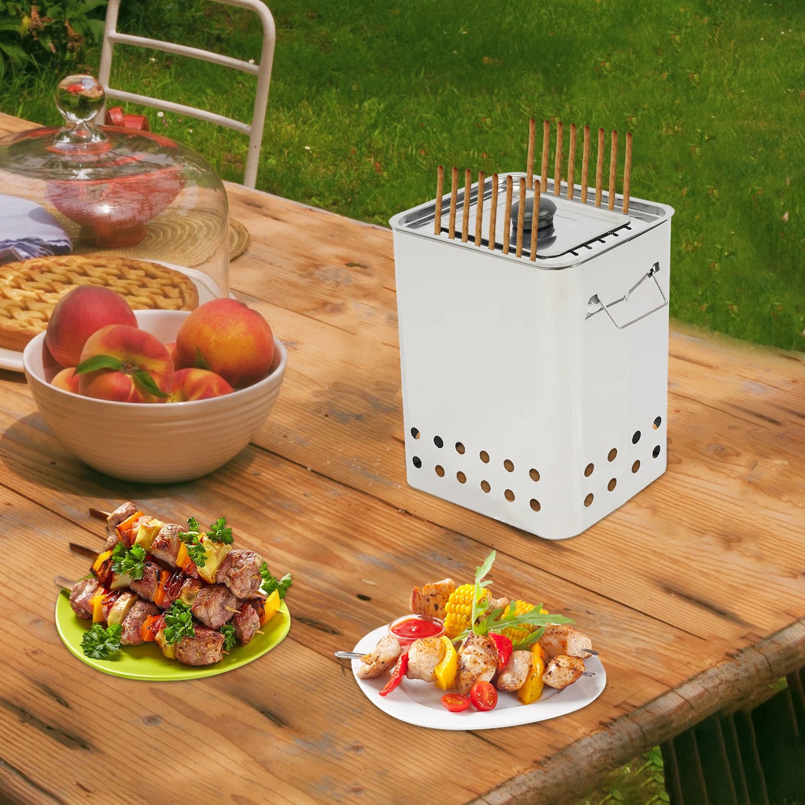 Portable Square BBQ Skewer Grill - 26 Skewers Capacity Stainless Steel Hanging Grill for Outdoor Cooking(9.4x7.09x11.8in,Silver) - Cooky Kitchenware