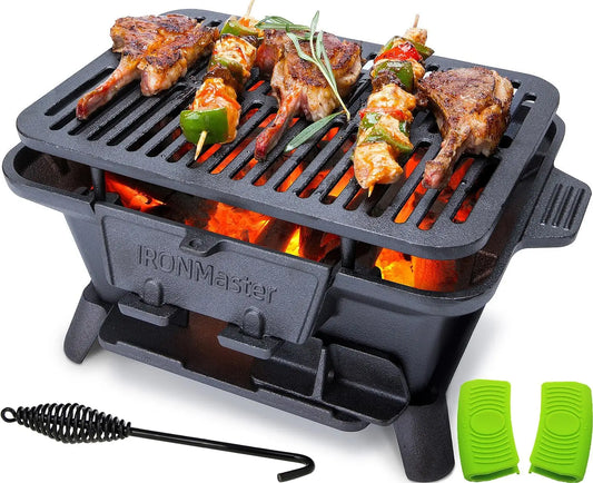 Hibachi Grill Outdoor Small Portable Charcoal Grill 100 Percent Pre Seasoned Cast Iron Air Control Coal Door - Cooky Kitchenware