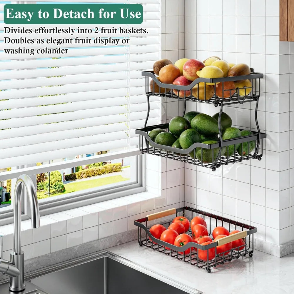 3-Tier Fruit Basket for Kitchen Counter, Wall-Hanging Fruit Bowl and Kitchen Countertop Organizer with 2 Banana Hooks, Fruit Sto - Cooky Kitchenware