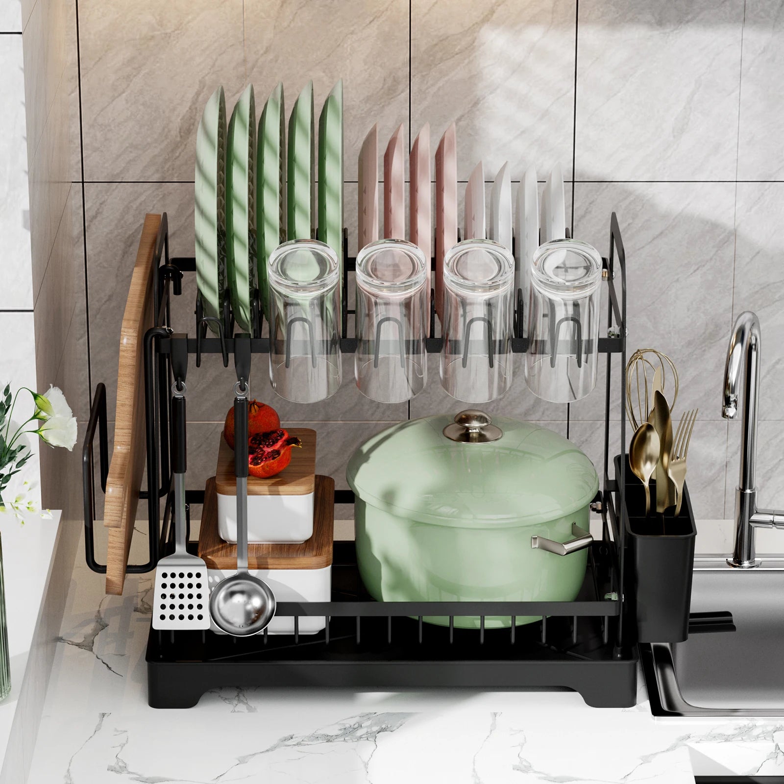 2 Tier Large Dish Drying Rack For Kitchen Counter  Dish Drainer, Large Dish Drying Rack With Drainboard & Utensil Holders,Black - Cooky Kitchenware