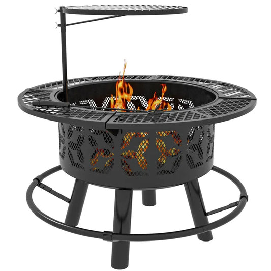 2 In 1 Fire Pit BBQ Grill 33 Portable Wood Burning Firepit with Adjustable Cooking Grate Pan and Poker Camping Bonfire Stove - Cooky Kitchenware