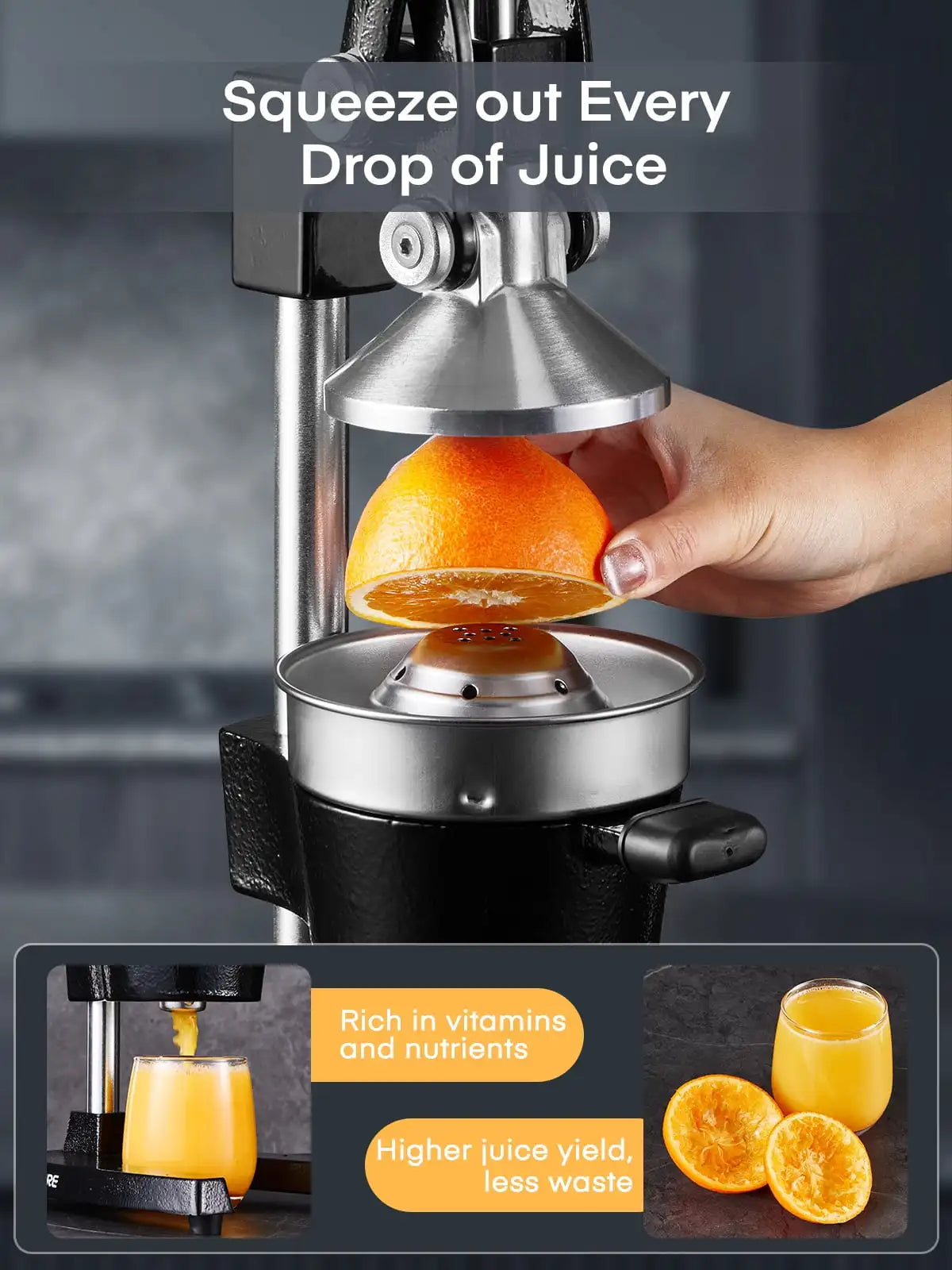 Manual Citrus Juicer Easy Juicing, Easy Clean Stainless Steel and Cast Iron - Cooky Kitchenware