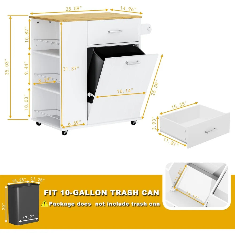 Mobile Kitchen Island with Built-in Trash Bin, Towel Holder, and Spice Storage - Cooky Kitchenware