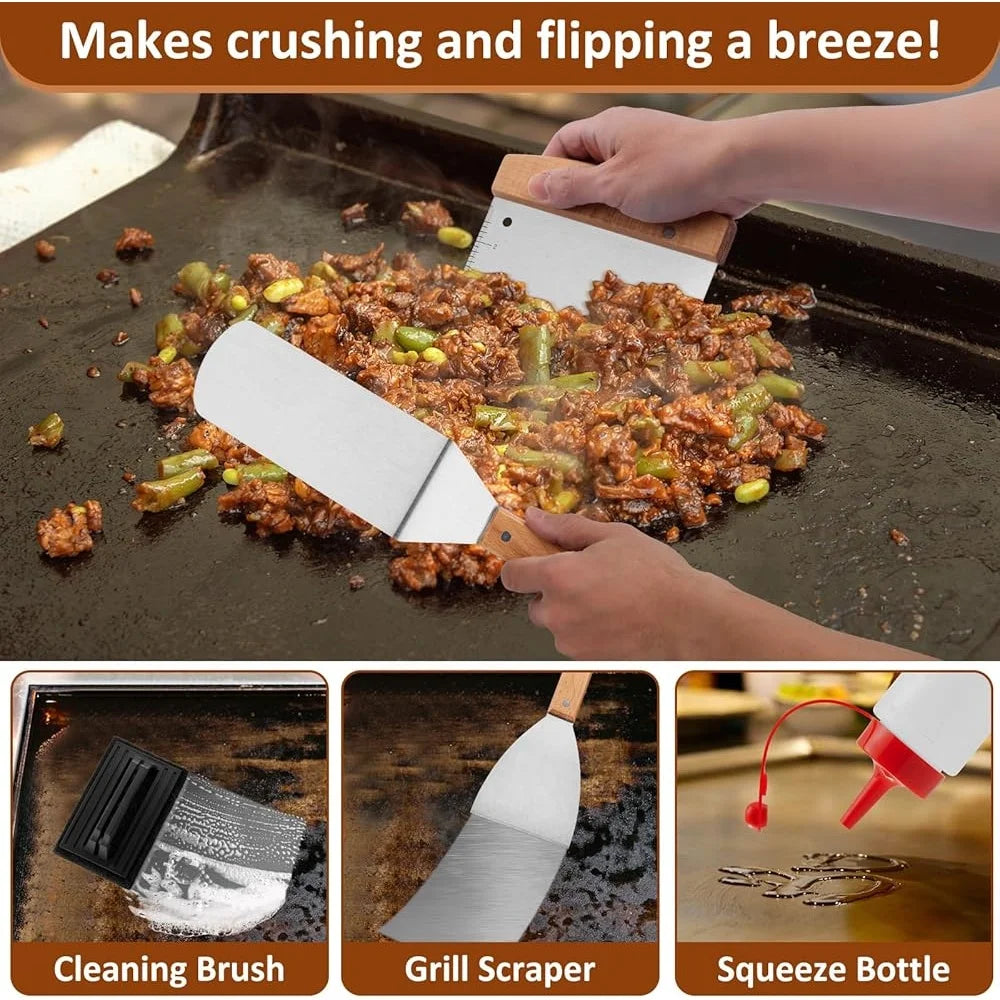 25PCS Griddle Accessories Set Flat Top Grill Tools Stainless Steel Spatulas Scraper Basting Cover Ideal BBQ Cooking - Cooky Kitchenware