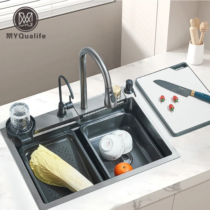 304Stainless Steel Waterfall Kitchen Sink Large Single Slot Integrated 60X45cm Faucet Set Soap Dispenser/Pure Water/Cup Washer - Cooky Kitchenware