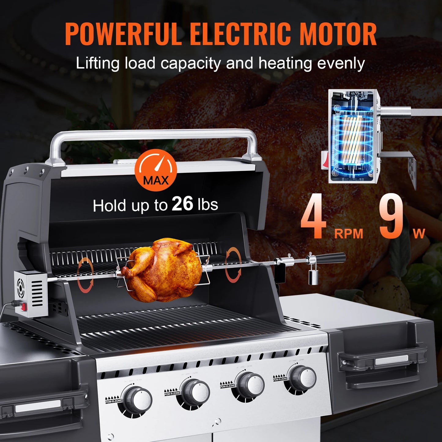 SucceBuy Universal Grill Rotisserie Kit for Grills Electric BBQ with 9W Motor Stainless Steel Automatic Grilling Kit - Cooky Kitchenware