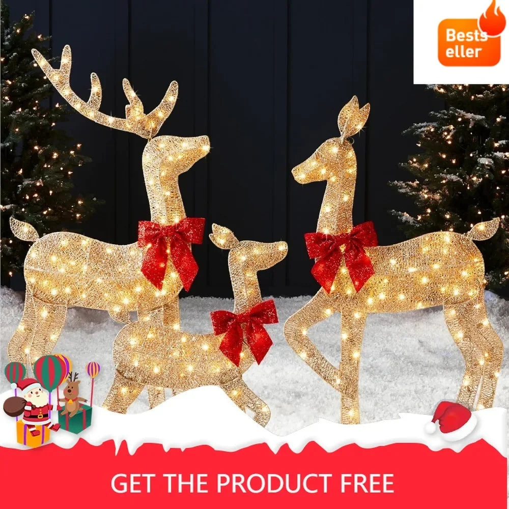 Elegant 4ft 3-Piece 2D Illuminated Christmas Deer Family, Large Outdoor Yard Decoration with 175 Lights