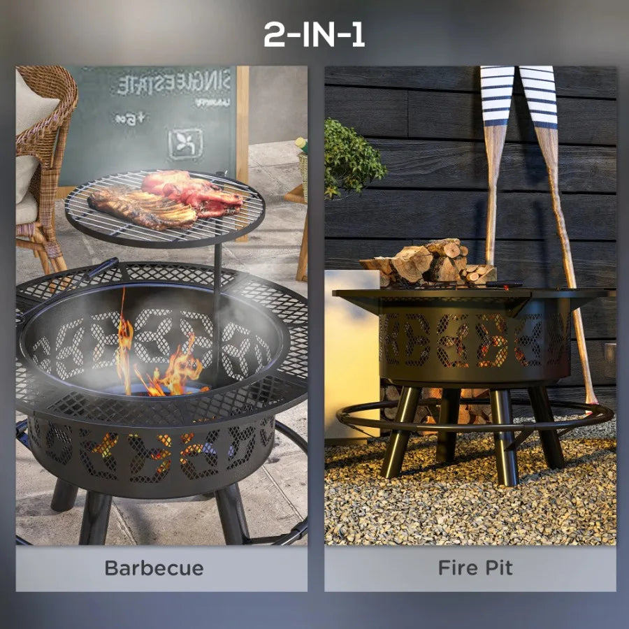 2 In 1 Fire Pit BBQ Grill 33 Portable Wood Burning Firepit with Adjustable Cooking Grate Pan and Poker Camping Bonfire Stove - Cooky Kitchenware