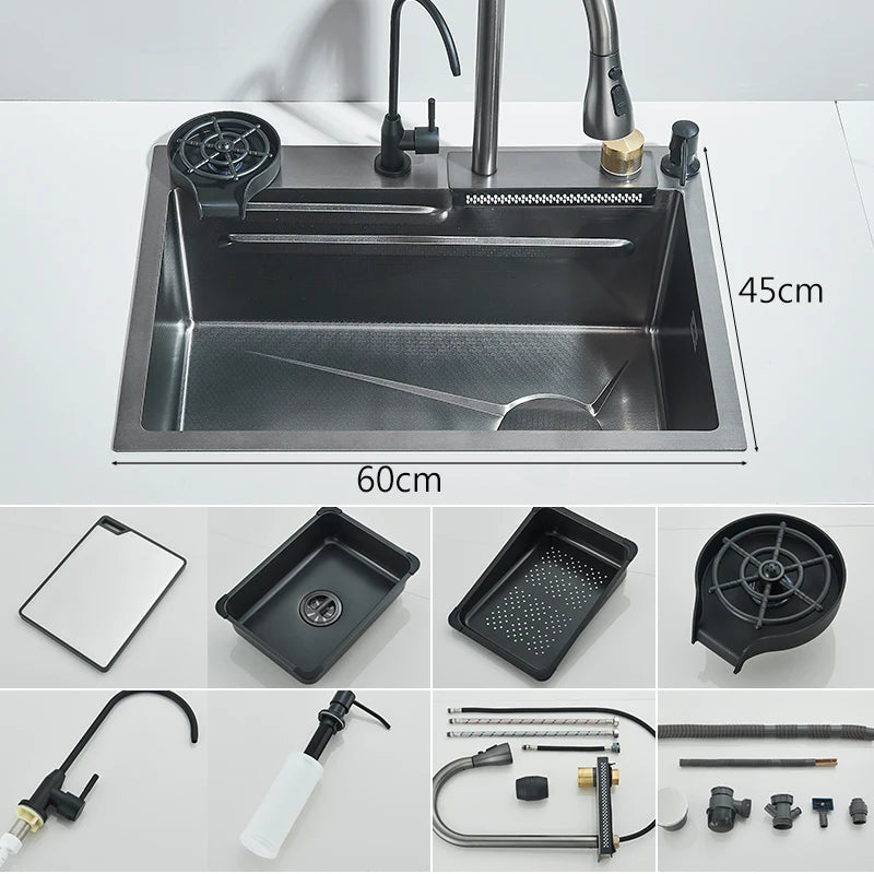 304Stainless Steel Waterfall Kitchen Sink Large Single Slot Integrated 60X45cm Faucet Set Soap Dispenser/Pure Water/Cup Washer - Cooky Kitchenware